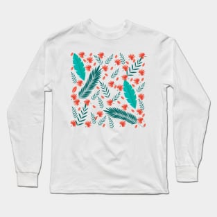 Orange and Green Leafs and Floral Pattern Seamless Design Long Sleeve T-Shirt